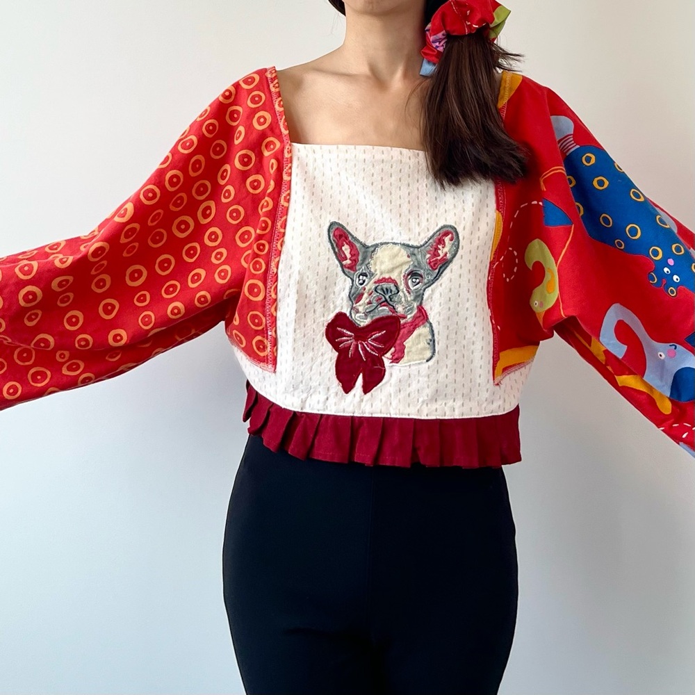 Handmade French Bulldog Bow Puff Sleeve Top with Matching Scrunchies SKU 09213 - Picture 14 of 16
